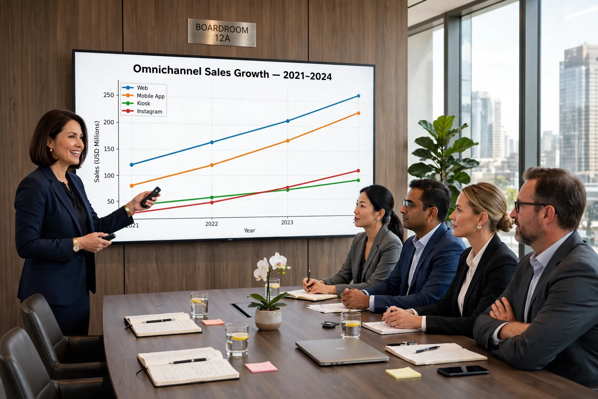 Executive presenting omnichannel sales growth to the board