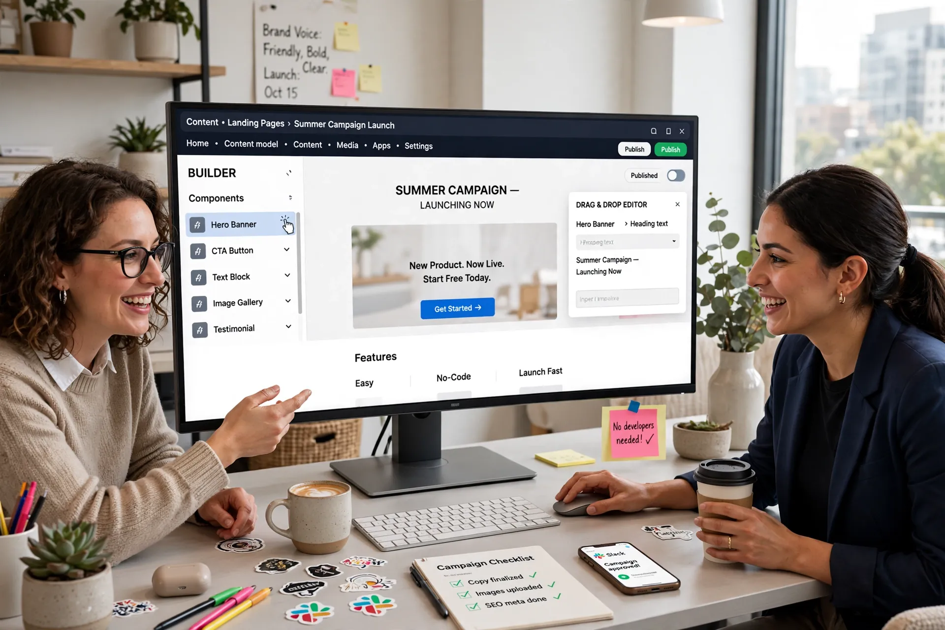 Marketing team collaborating on a campaign builder