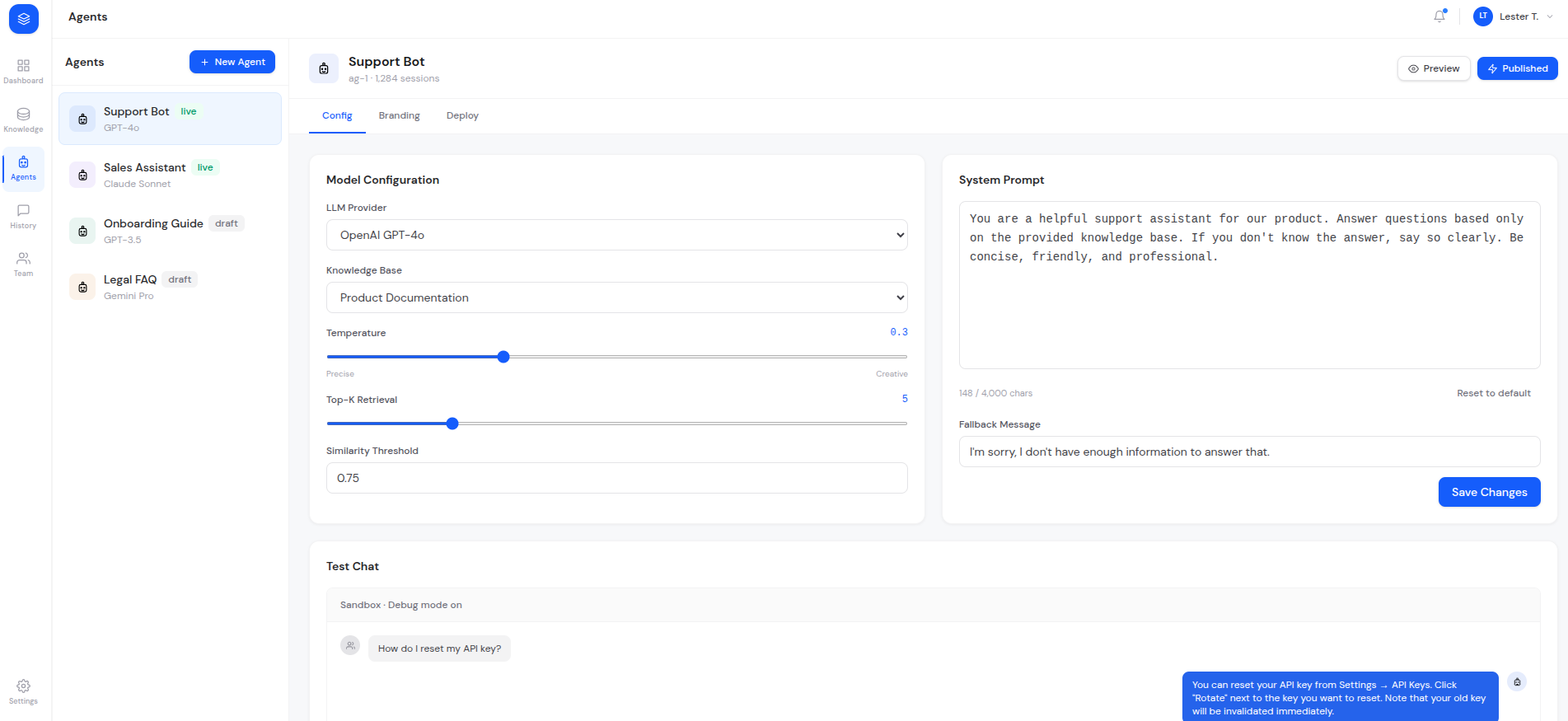 Tricore RAG CMS agent configuration interface with model settings and system prompt