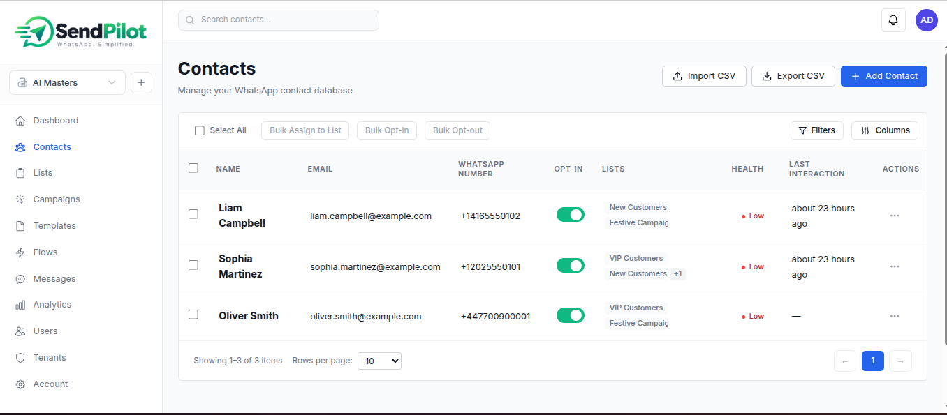 WhatsApp Campaign Manager contacts interface with customer records