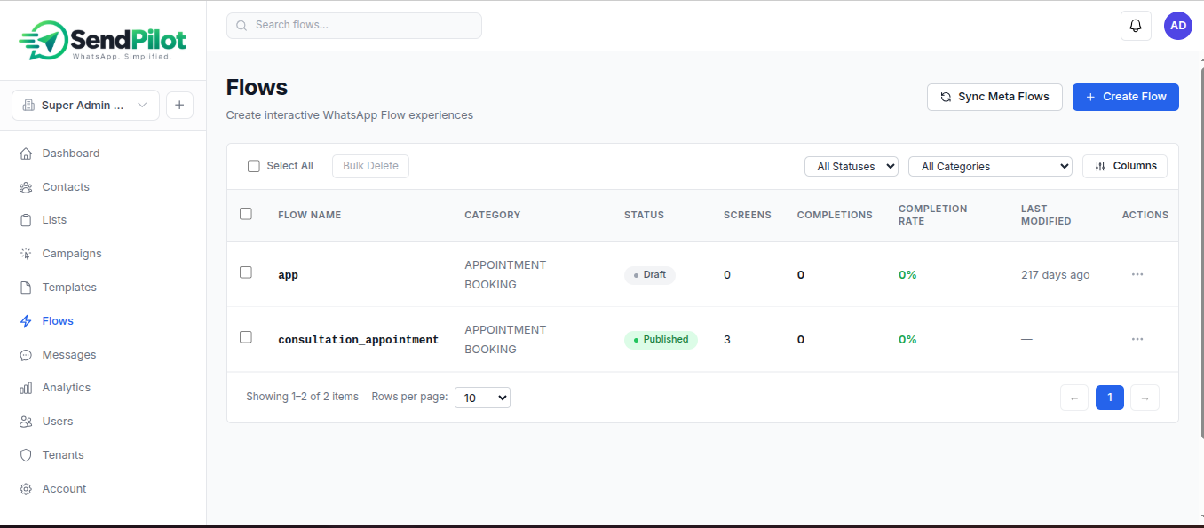 WhatsApp Campaign Manager interactive flows interface