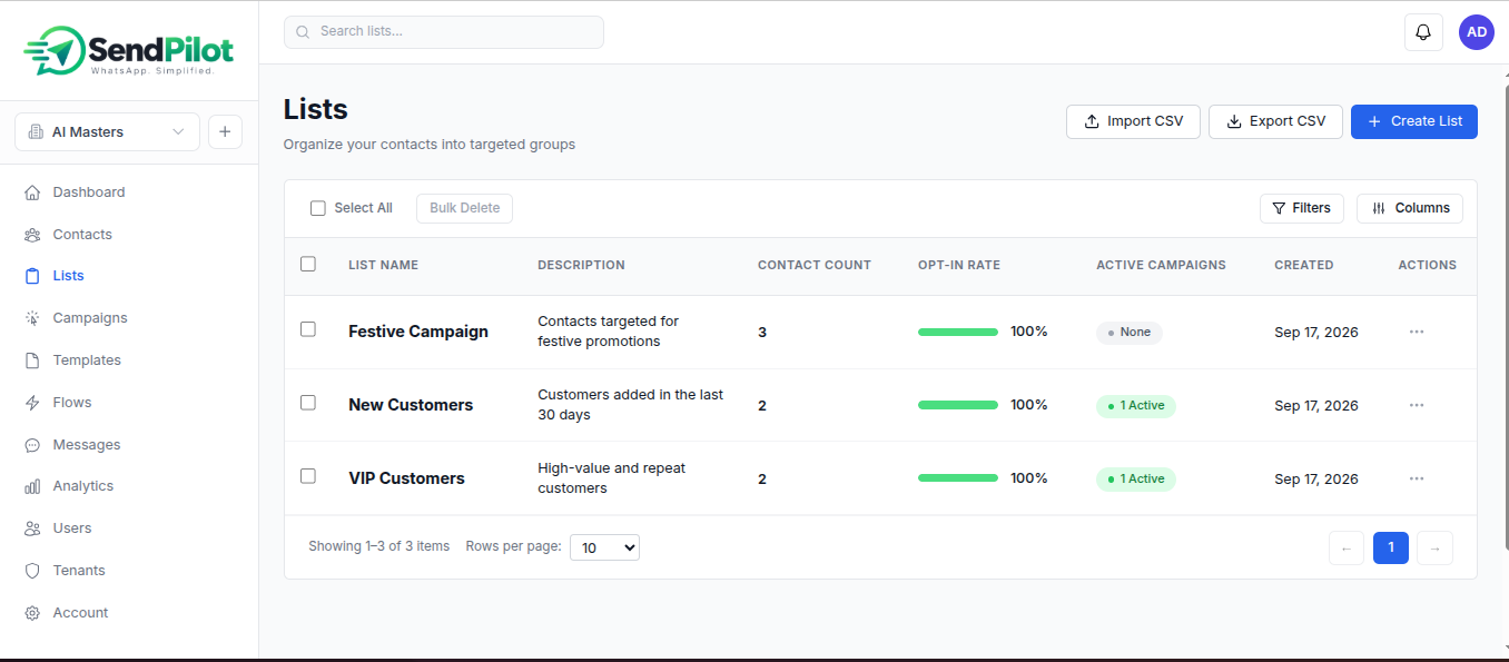 WhatsApp Campaign Manager audience lists interface