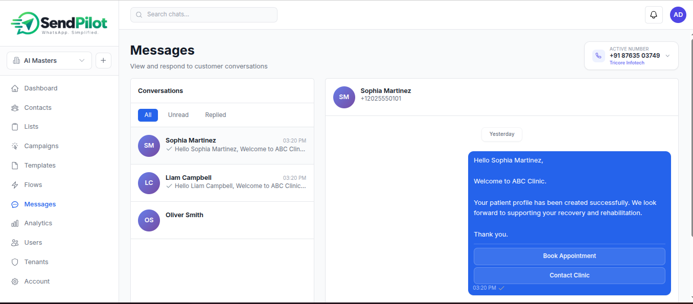 WhatsApp Campaign Manager centralized customer messages interface
