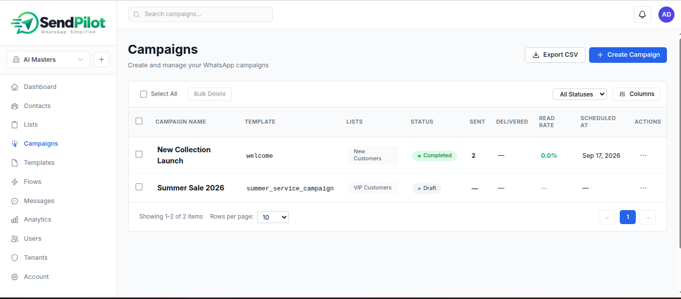 WhatsApp Campaign Manager campaign management interface