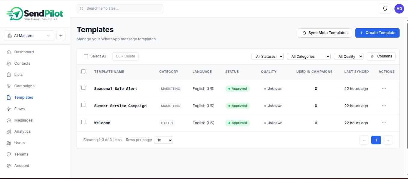 WhatsApp Campaign Manager message templates interface