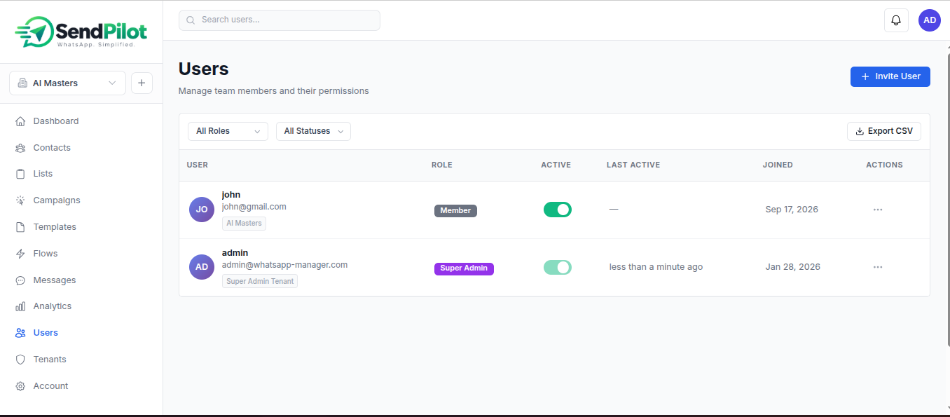 WhatsApp Campaign Manager multi-user collaboration interface