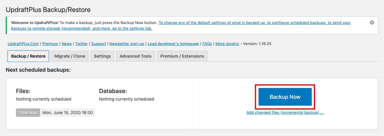 Backup Now button in UpdraftPlus