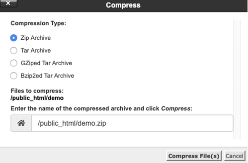 Compressing website files into a zip archive