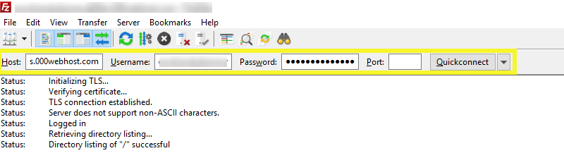 Connecting to a server with Quickconnect in FileZilla