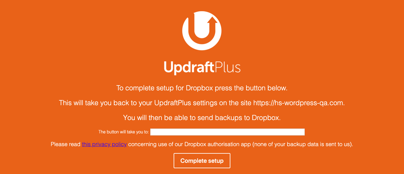 Completing UpdraftPlus remote storage setup